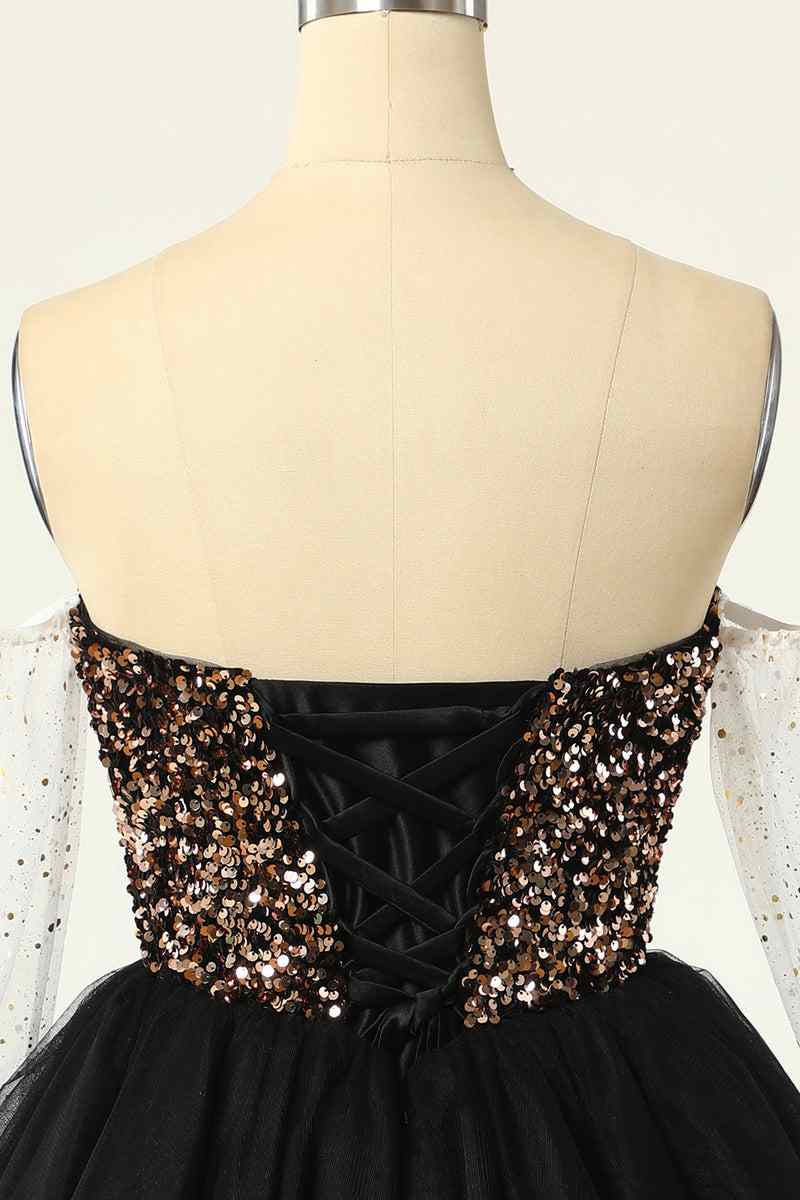 Black Off-the-Shoulder A-line Long Sleeves Sequins Long Homecoming Dress