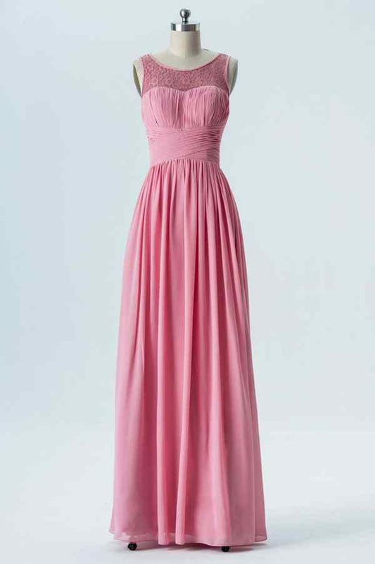 Pink A-line Illusion Lace Jewel Pleated Chiffon Long Bridesmaid Dress