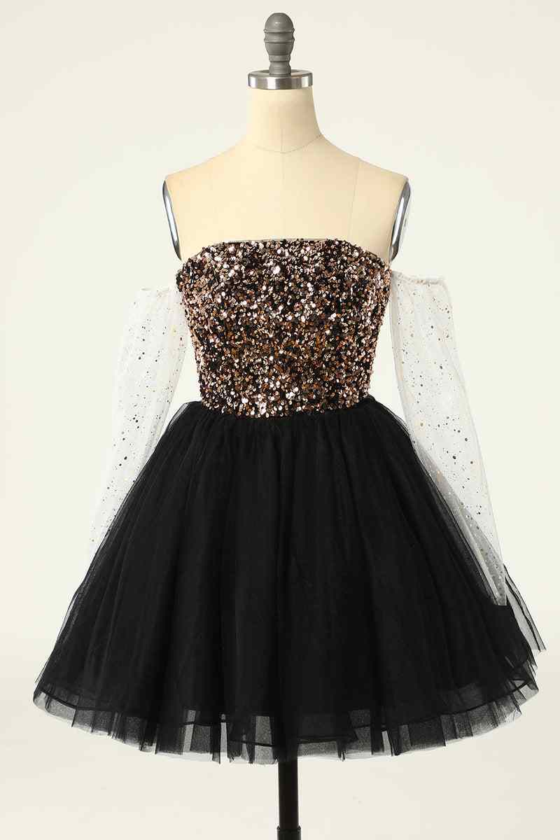 Black Off-the-Shoulder A-line Long Sleeves Sequins Mini Homecoming Dre | Joyofdress Black Off-the-Shoulder A-line Long Sleeves Sequins Mini Homecoming Dre | Joyofdress