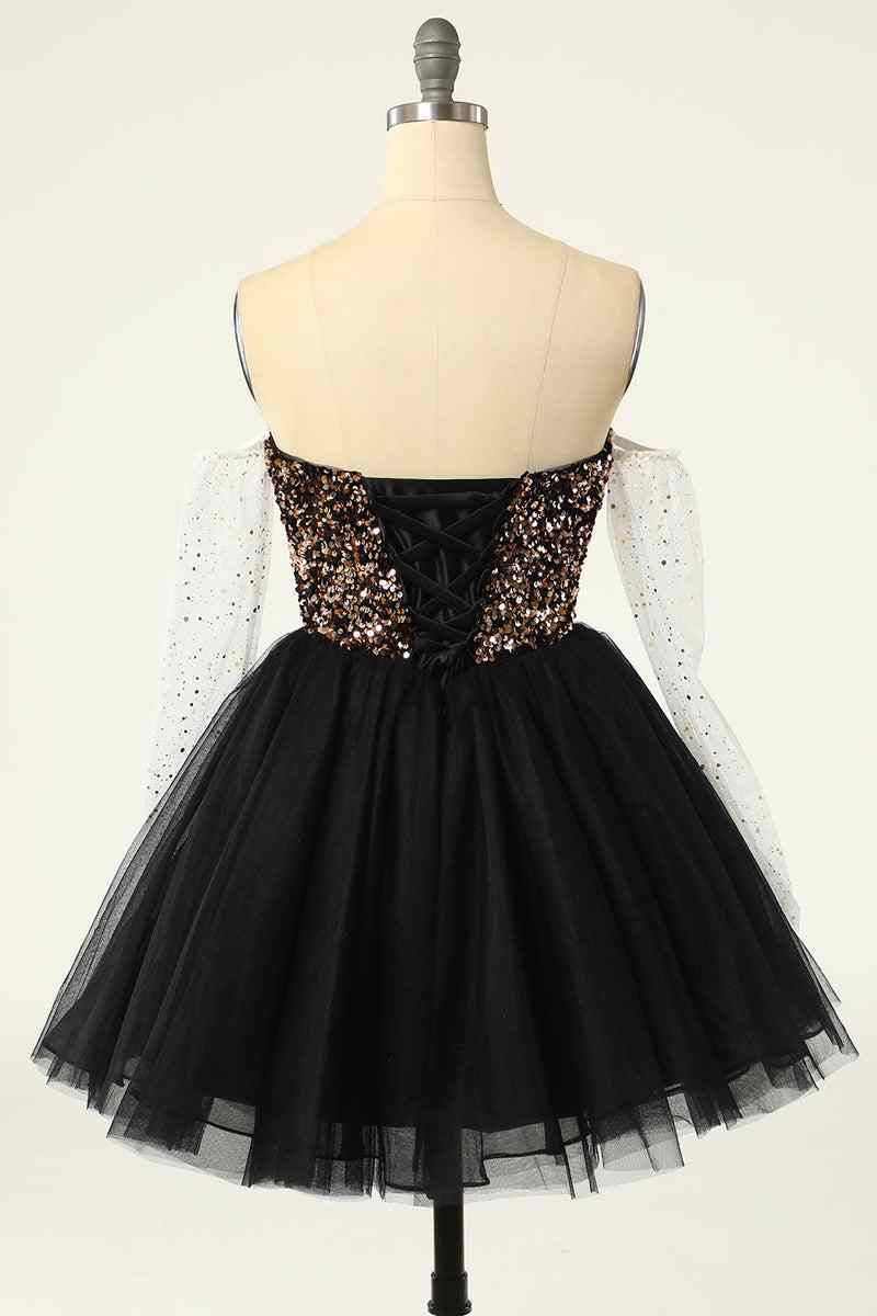 Black Off-the-Shoulder A-line Long Sleeves Sequins Long Homecoming Dress
