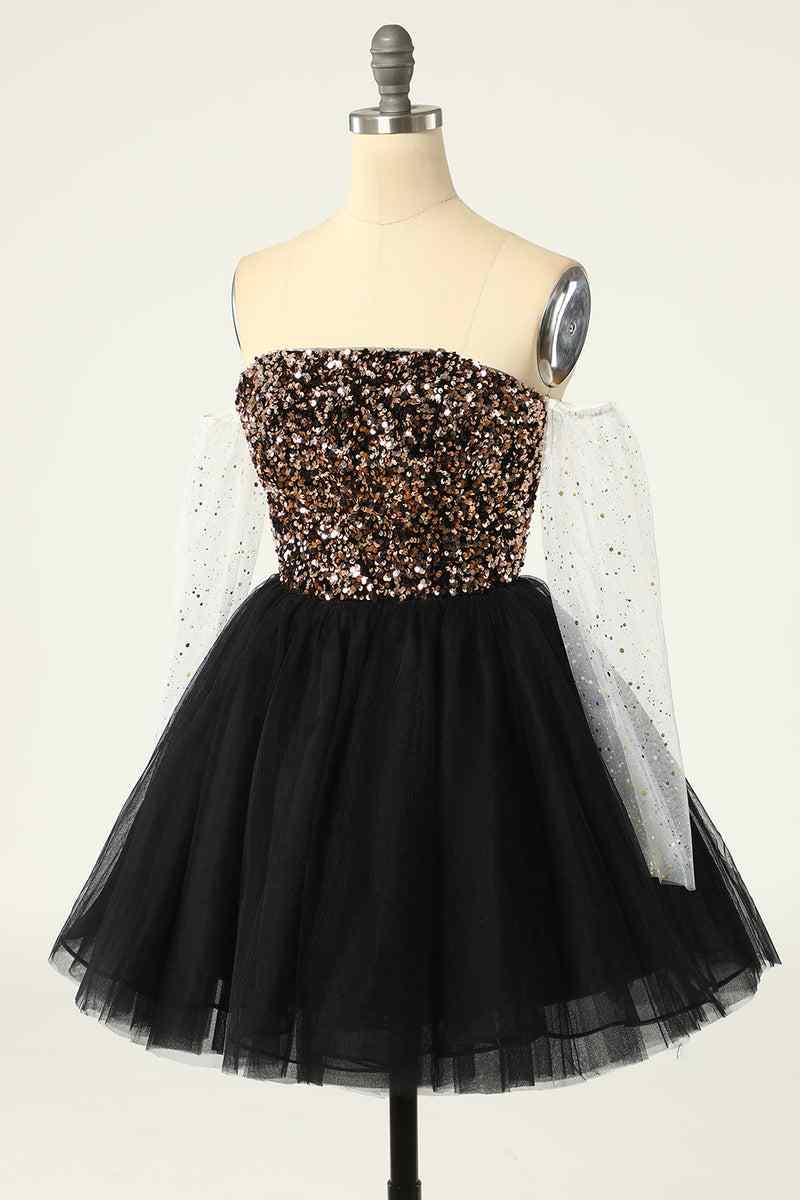 Black Off-the-Shoulder A-line Long Sleeves Sequins Long Homecoming Dress