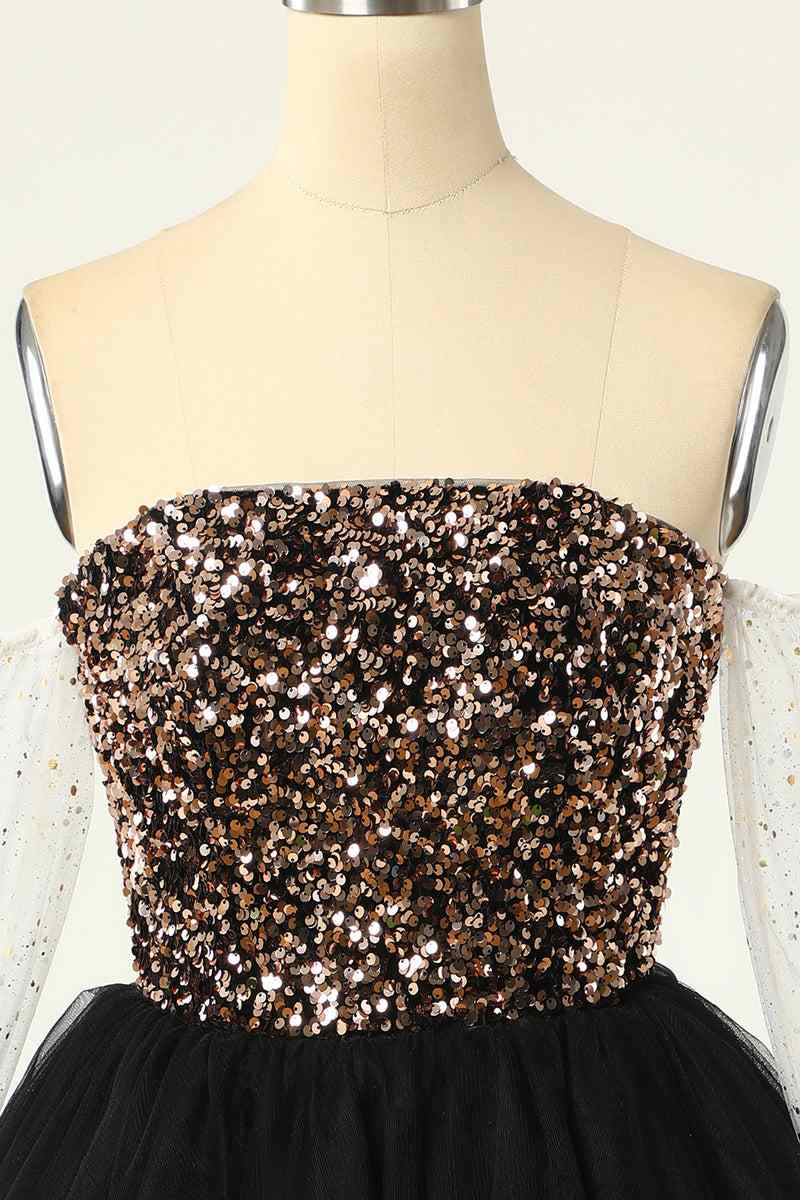 Black Off-the-Shoulder A-line Long Sleeves Sequins Mini Homecoming Dre | Joyofdress Black Off-the-Shoulder A-line Long Sleeves Sequins Mini Homecoming Dre | Joyofdress
