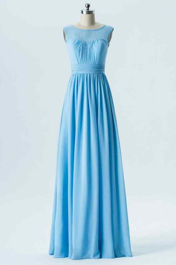 Blue A-line Illusion Tulle Jewel Pleated Chiffon Long Bridesmaid Dress