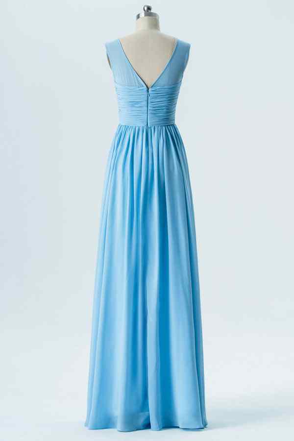 Blue A-line Illusion Tulle Jewel Pleated Chiffon Long Bridesmaid Dress