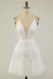 White A-line Long Deep V Neck Crossed Back Embroidery Mini Homecoming Dress