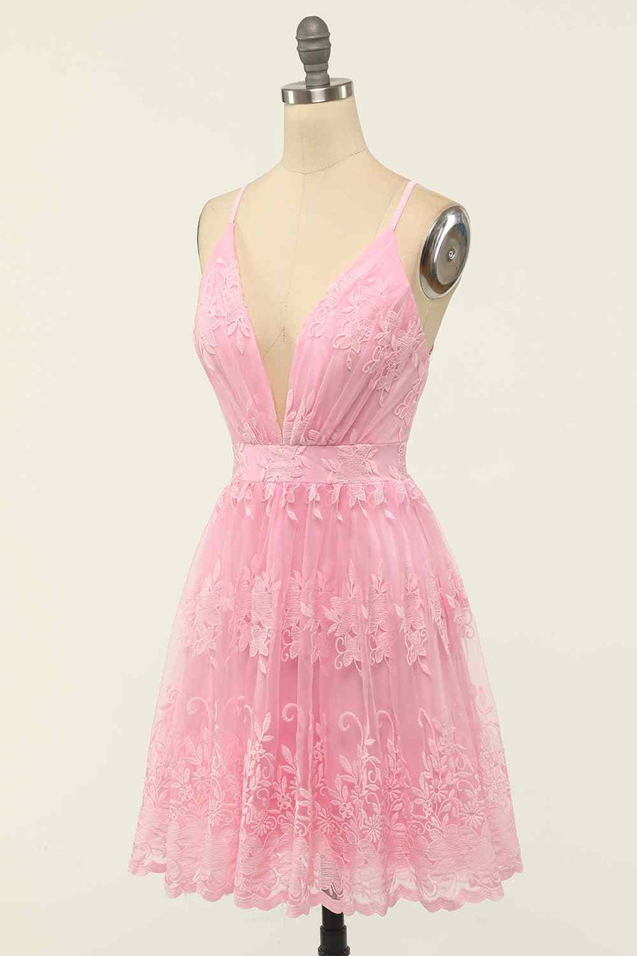 Pink A-line Long Deep V Neck Crossed Back Embroidery Mini Homecoming Dress