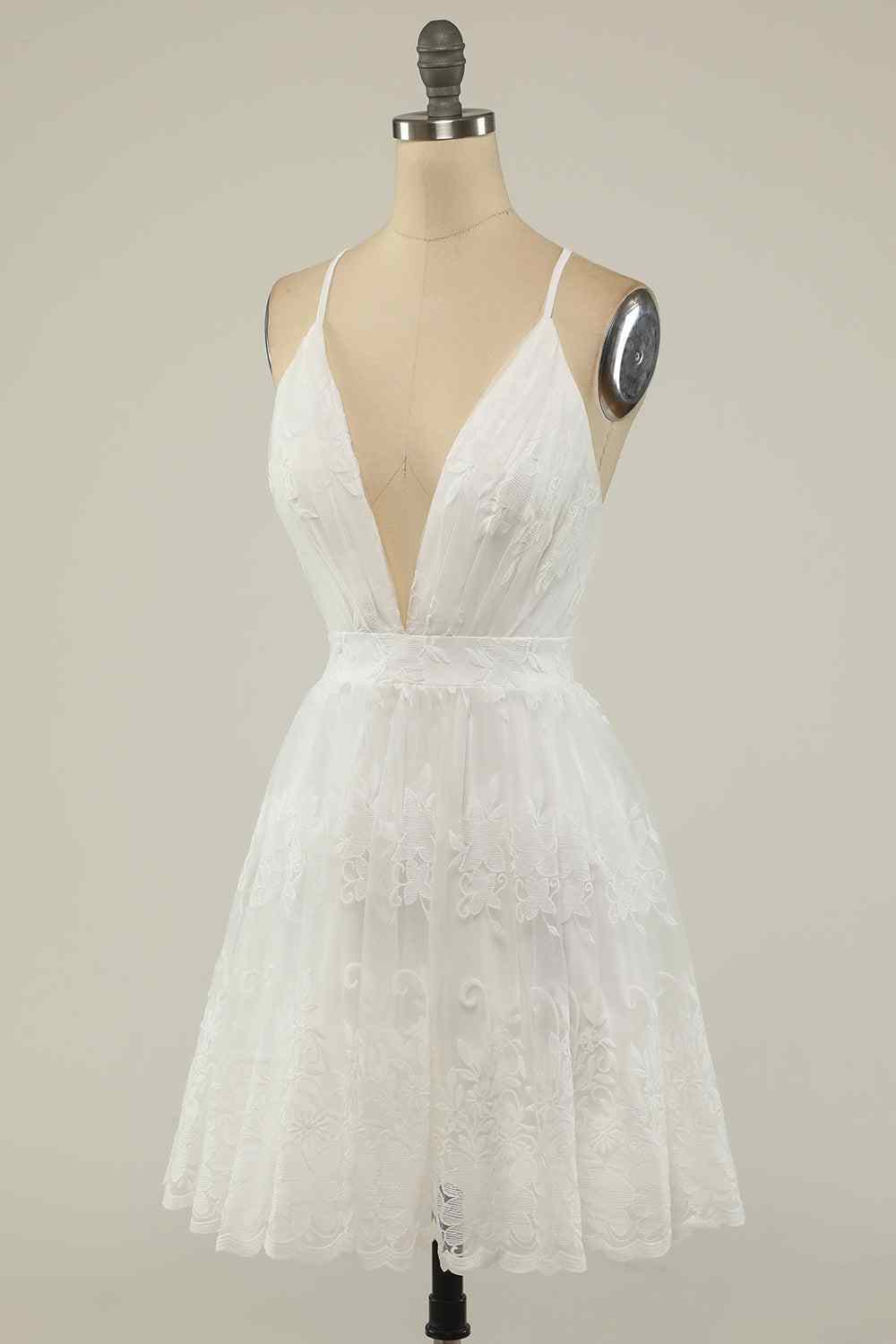 White A-line Long Deep V Neck Crossed Back Embroidery Mini Homecoming Dress