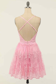 Pink A-line Long Deep V Neck Crossed Back Embroidery Mini Homecoming Dress