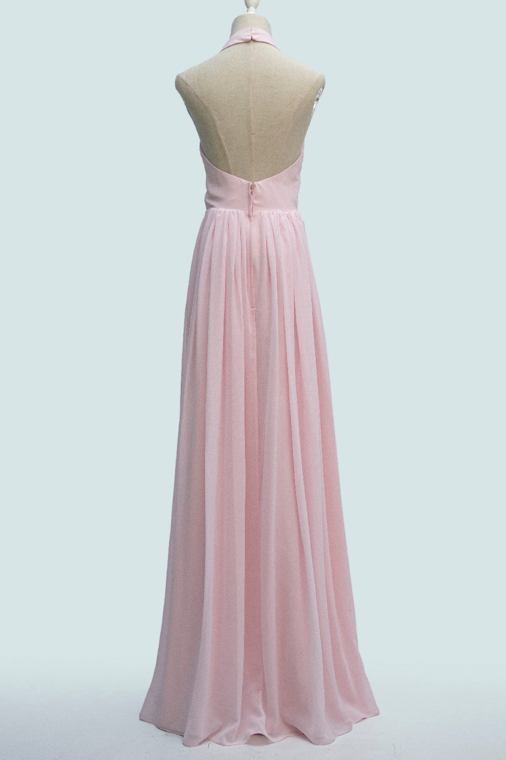 Candy Pink A-line Halter Neckline Pleated Long Bridesmaid Dress