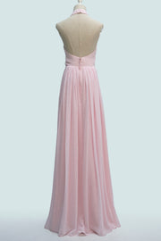 Candy Pink A-line Halter Neckline Pleated Long Bridesmaid Dress