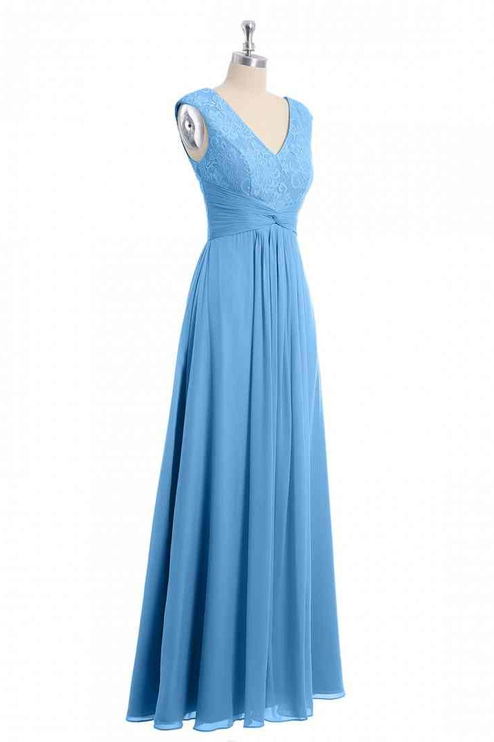 Blue A-line V Neckline Chiffon Lace Long Bridesmaid Dress