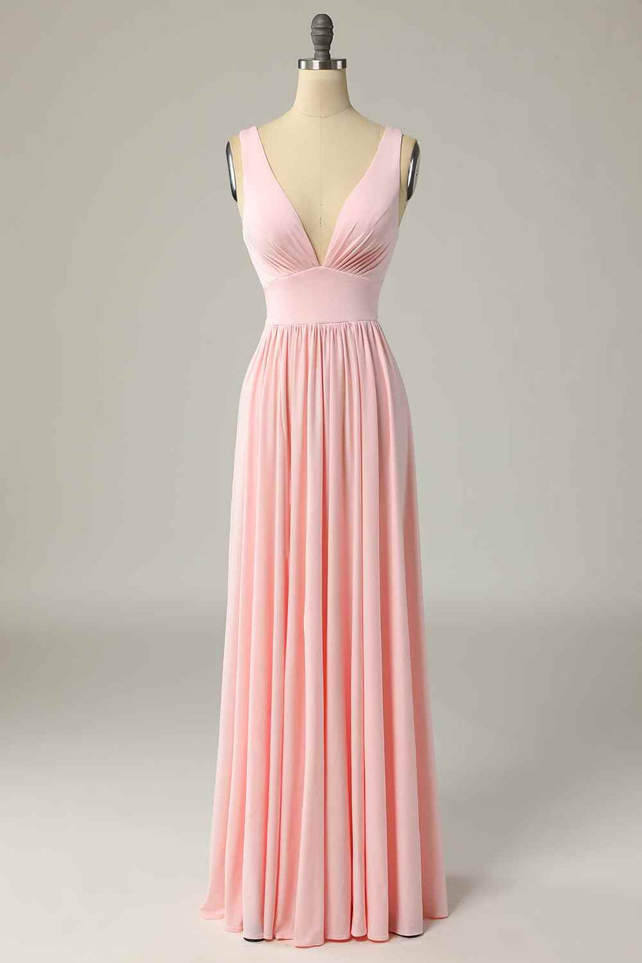 Candy Pink A-line Illusion Lace Cap Sleeves Chiffon Long Bridesmaid Dress