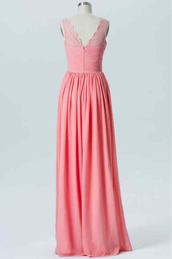 Coral A-line V Neck Chiffon Pleated Lace Straps Long Bridesmaid Dress