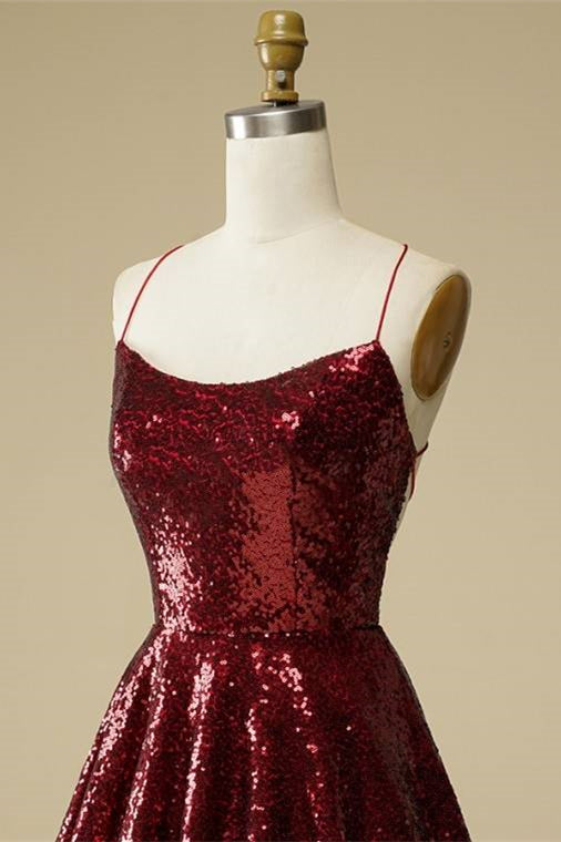 Burgundy A-line Lace-Up Back Sequins Mini Homecoming Dress