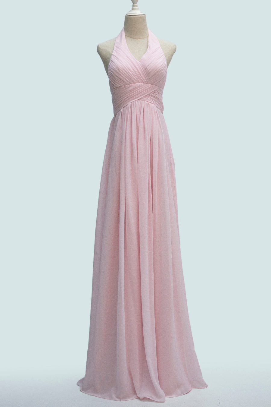 Candy Pink A-line Halter Neckline Pleated Long Bridesmaid Dress