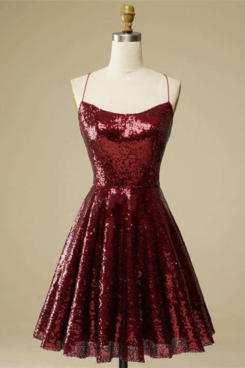 Burgundy A-line Lace-Up Back Sequins Mini Homecoming Dress