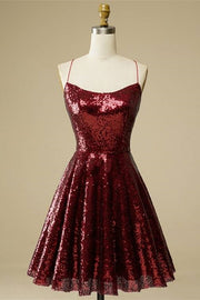 Burgundy A-line Lace-Up Back Sequins Mini Homecoming Dress