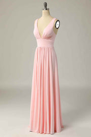 Candy Pink A-line Illusion Lace Cap Sleeves Chiffon Long Bridesmaid Dress