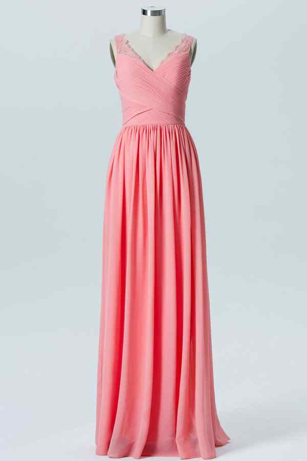 Coral A-line V Neck Chiffon Pleated Lace Straps Long Bridesmaid Dress Coral / US 6 Coral A-line V Neck Chiffon Pleated Lace Straps Long Bridesmaid Dress Coral / US 6