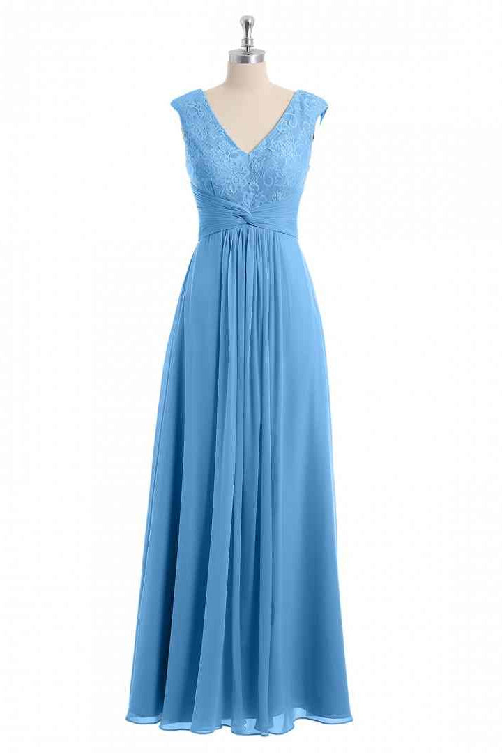 Blue A-line V Neckline Chiffon Lace Long Bridesmaid Dress
