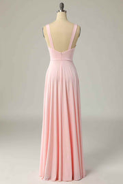 Candy Pink A-line Illusion Lace Cap Sleeves Chiffon Long Bridesmaid Dress