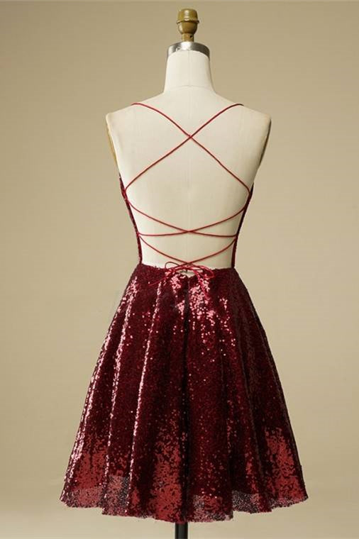 Burgundy A-line Lace-Up Back Sequins Mini Homecoming Dress