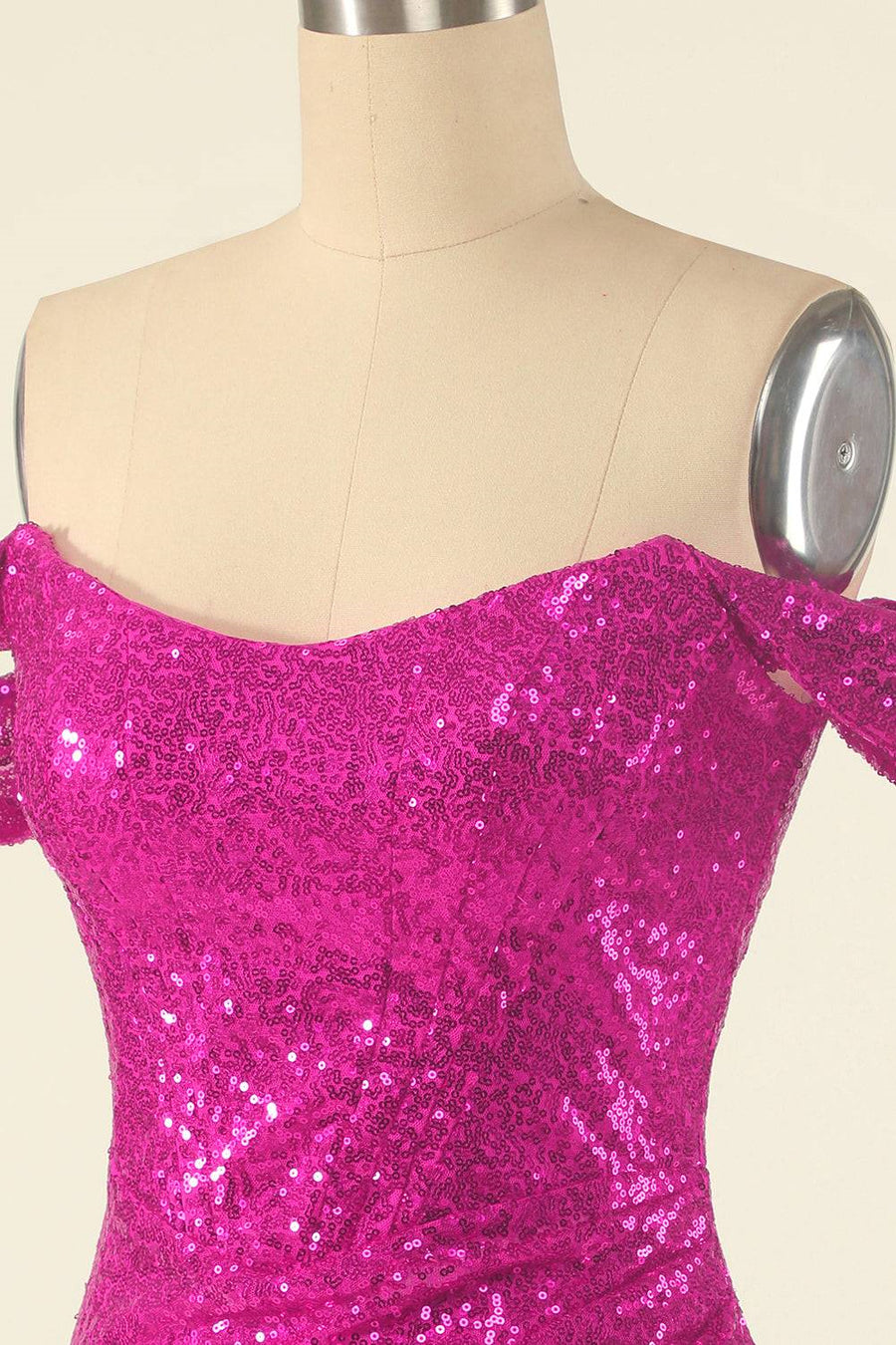 Fuchsia Sheath Off-the-Shoulder Pleated Sequins Mini Homecoming Dress