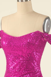 Fuchsia Sheath Off-the-Shoulder Pleated Sequins Mini Homecoming Dress