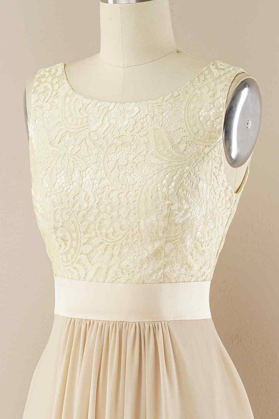A-line Jewel Lace V Back Chiffon Hi-Low Bridesmaid Dress