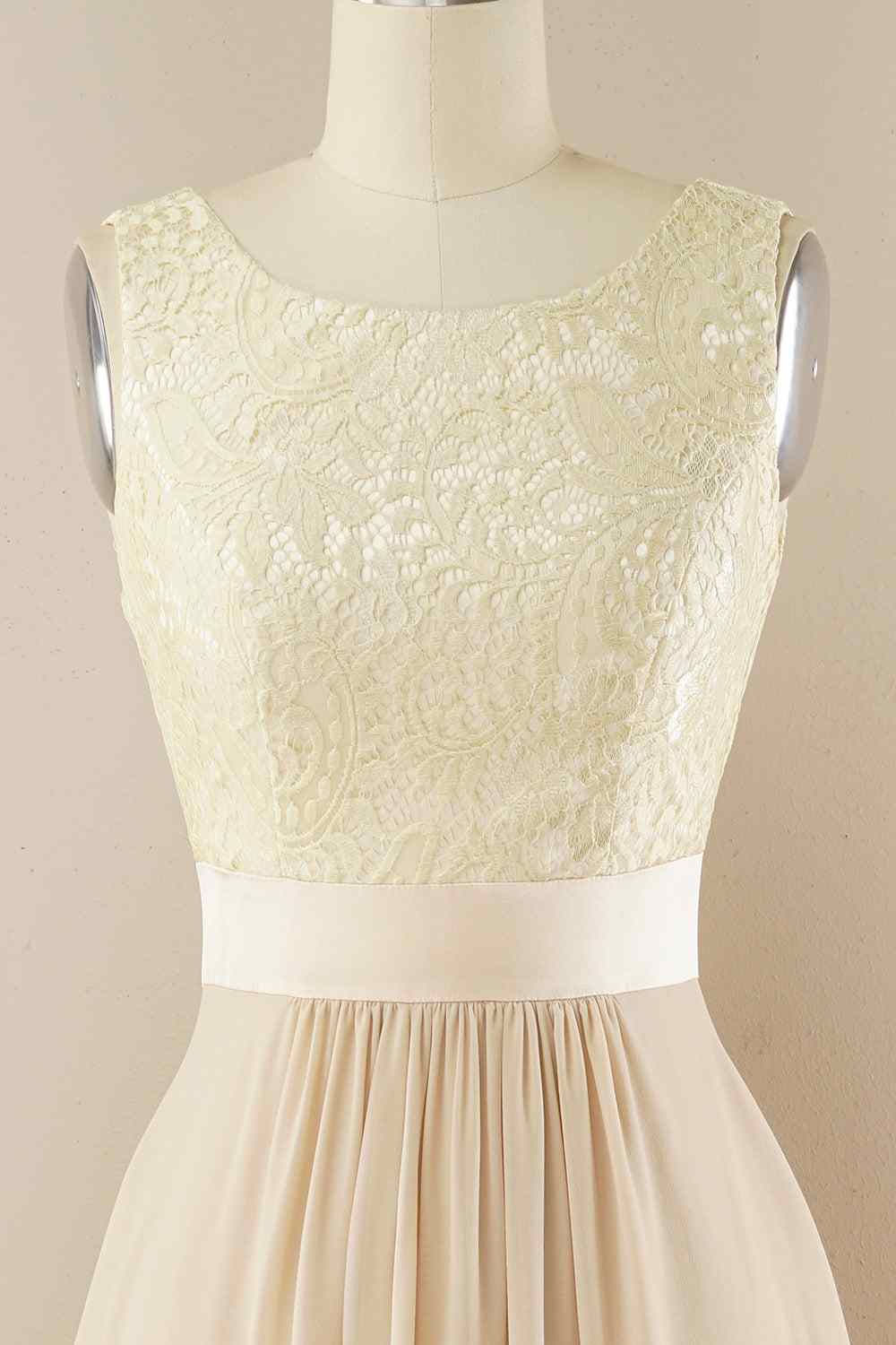 A-line Jewel Lace V Back Chiffon Hi-Low Bridesmaid Dress