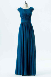 Dark Blue A-line Jewel Cap Sleeves Pleated Chiffon Long Bridesmaid Dress