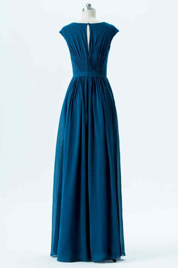 Dark Blue A-line Jewel Cap Sleeves Pleated Chiffon Long Bridesmaid Dress Dark Blue / US 6
