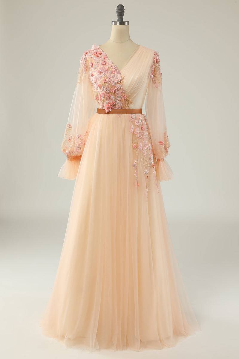 Champagne A-line V Neck Long Sleeves Tulle Applique Surplice Long Prom Dress