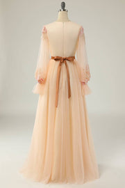 Champagne A-line V Neck Long Sleeves Tulle Applique Surplice Long Prom Dress