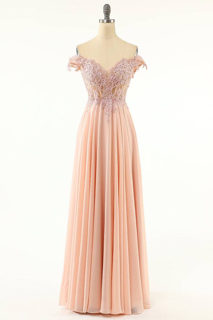 Off-Shoulder A-Line Empire Lace And Chiffon Prom Party Dress