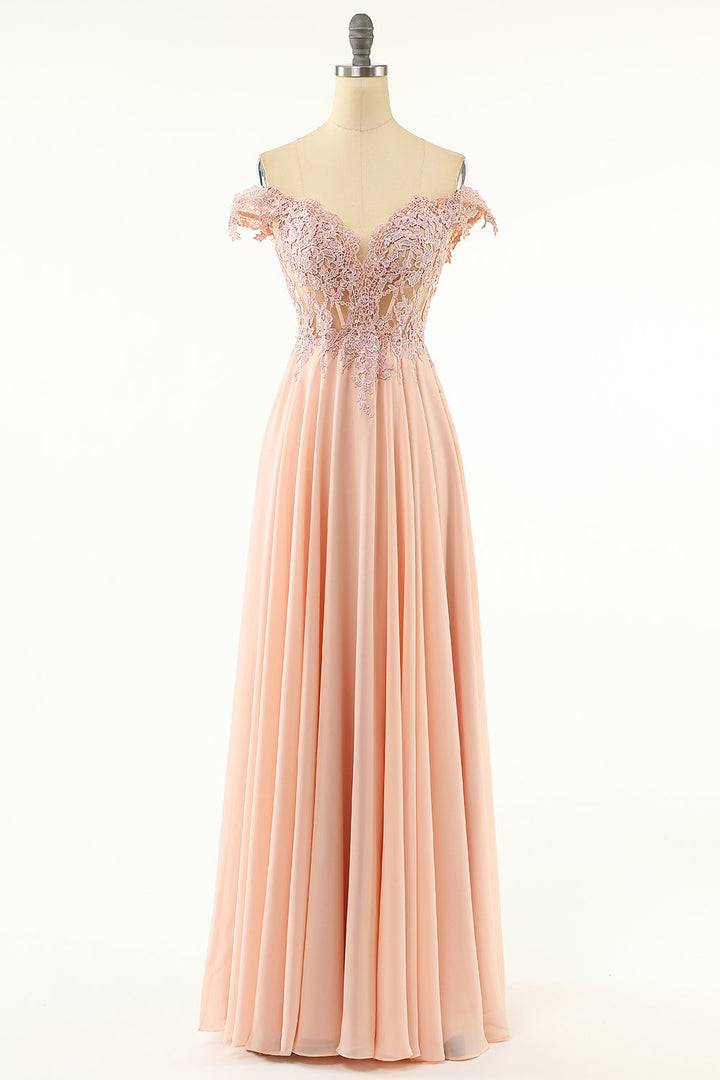 Blushing Pink A-line Off-Shoulder Chiffon Applique Lace-Up Long Prom Dress
