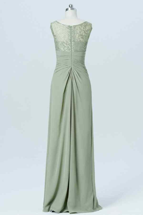 Agave A-line Lace Neck Cap Sleeves Ruffle Chiffon Long Bridesmaid Dress Agave / US 6