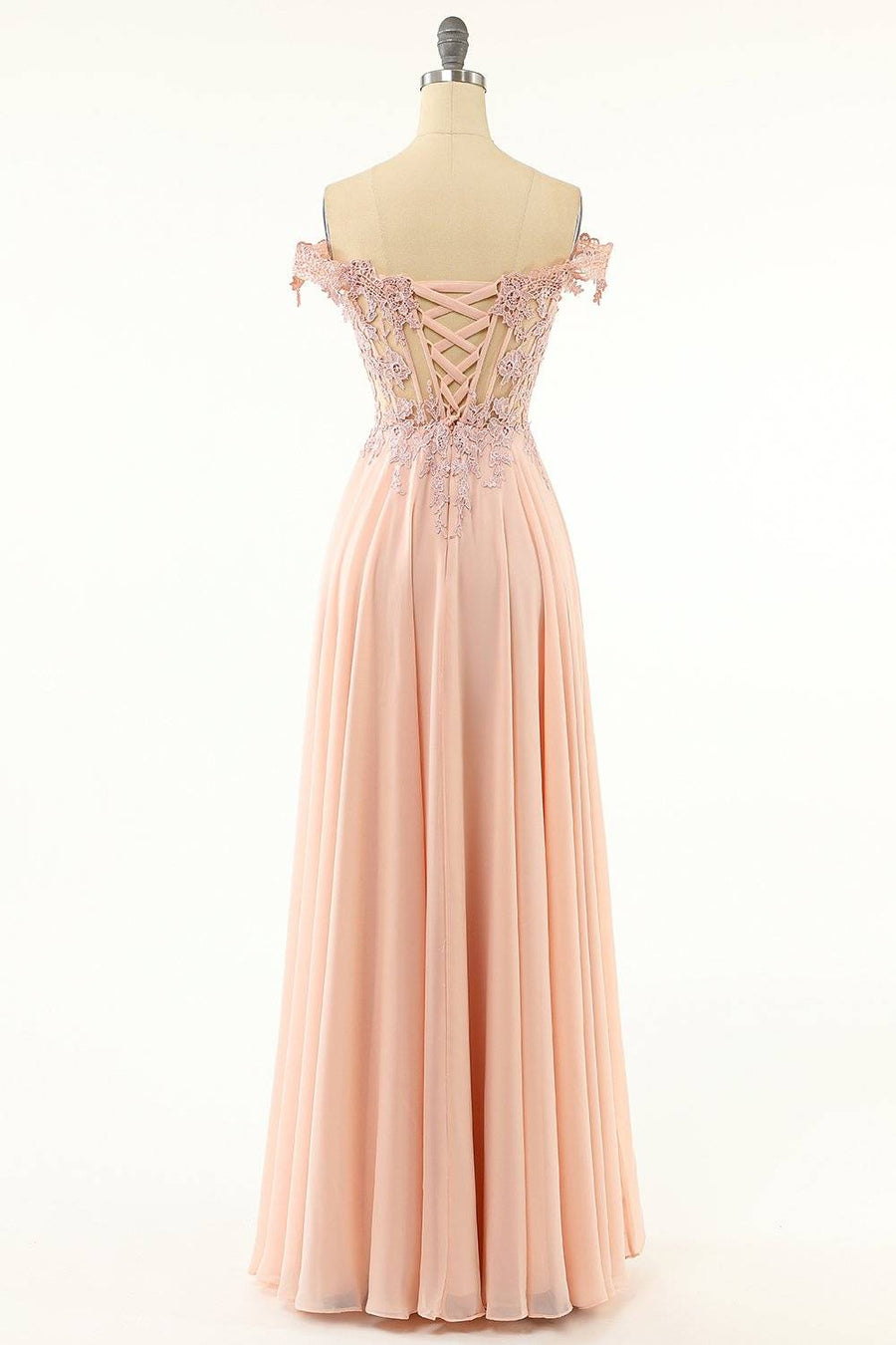 Blushing Pink A-line Off-Shoulder Chiffon Applique Lace-Up Long Prom Dress
