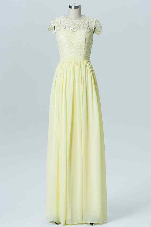 Light Yellow A-line Lace Jewel Chiffon Long Bridesmaid Dress with Buttons Light Yellow / US 4