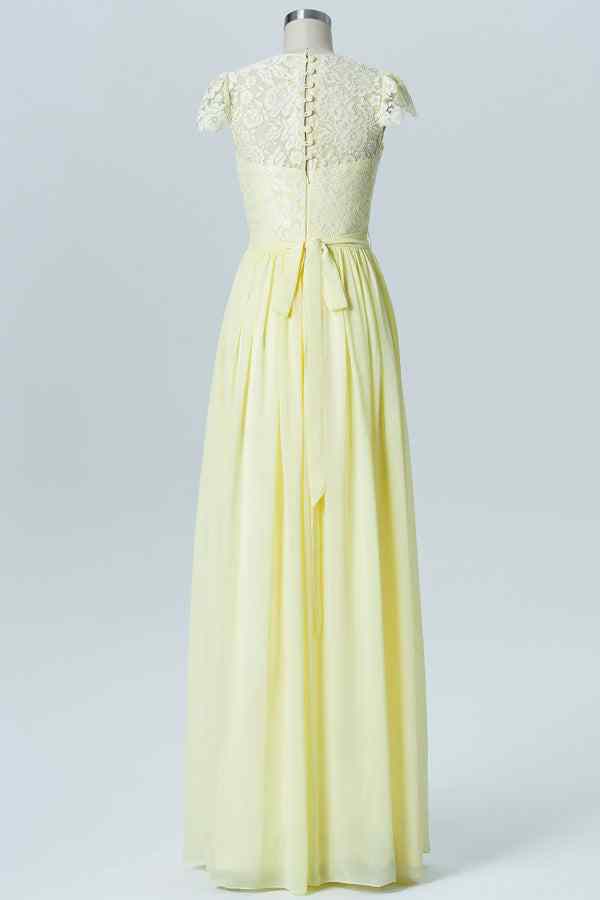 Light Yellow A-line Lace Jewel Chiffon Long Bridesmaid Dress with Buttons