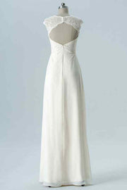 Ivory A-line Lace Jewel Neck Cut-Out Chiffon Long Bridesmaid Dress