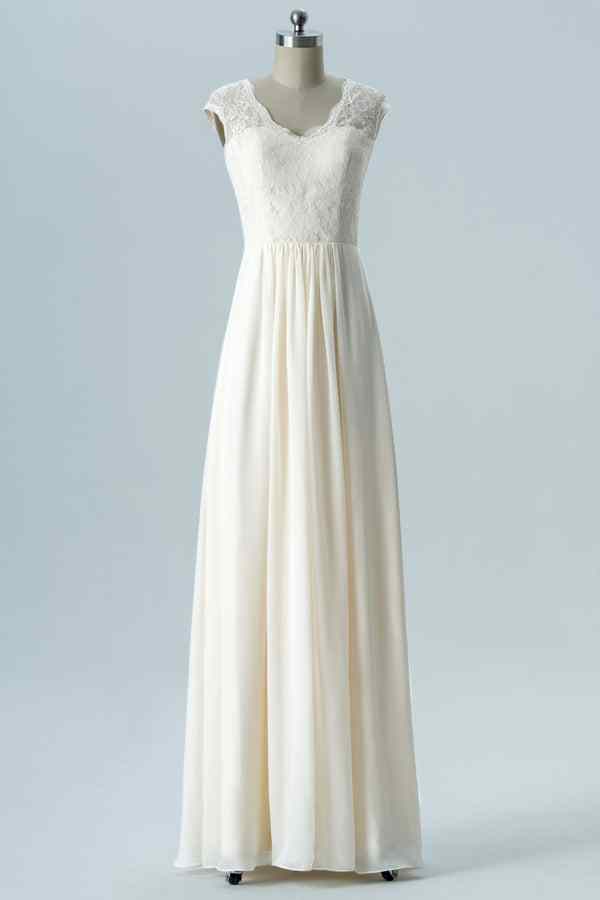 Ivory A-line Lace Jewel Neck Cut-Out Chiffon Long Bridesmaid Dress Ivory / US 12 Ivory A-line Lace Jewel Neck Cut-Out Chiffon Long Bridesmaid Dress Ivory / US 12