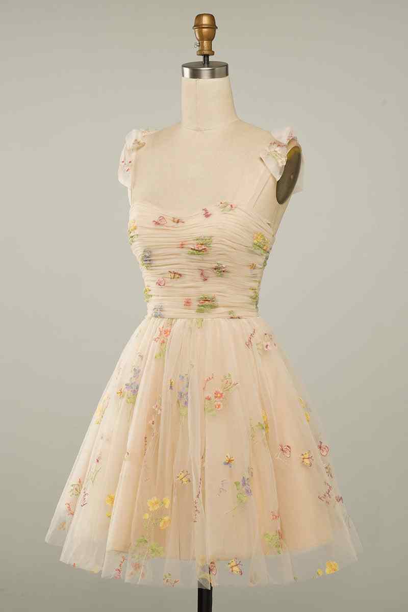 Champagne A-line Bow Tie Straps Pleated Applique Mini Homecoming Dress