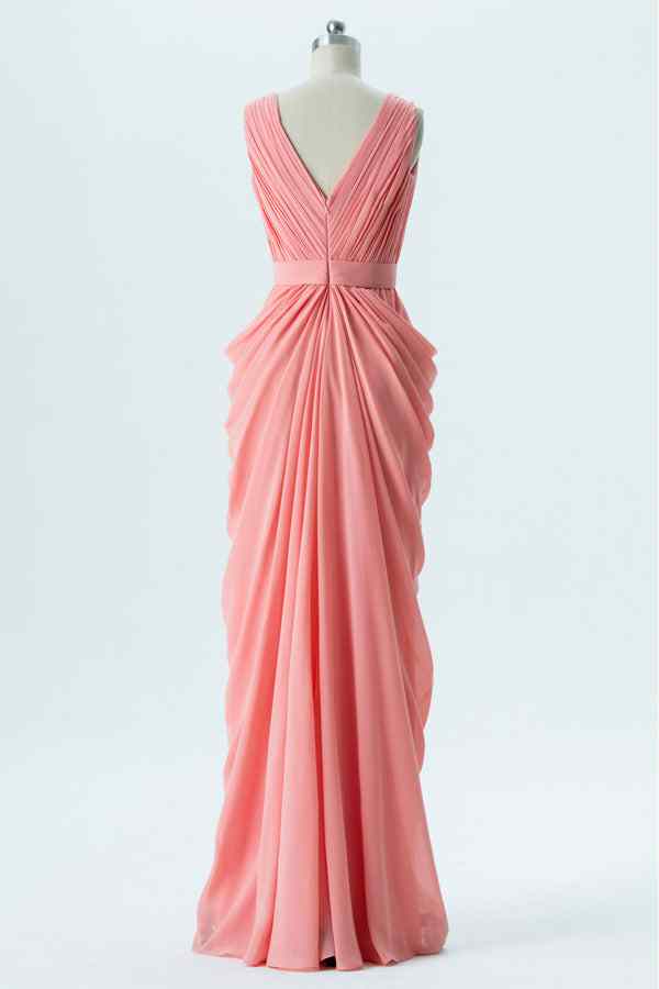Hot Pink A-line V Neck Pleated Chiffon Long Bridesmaid Dress