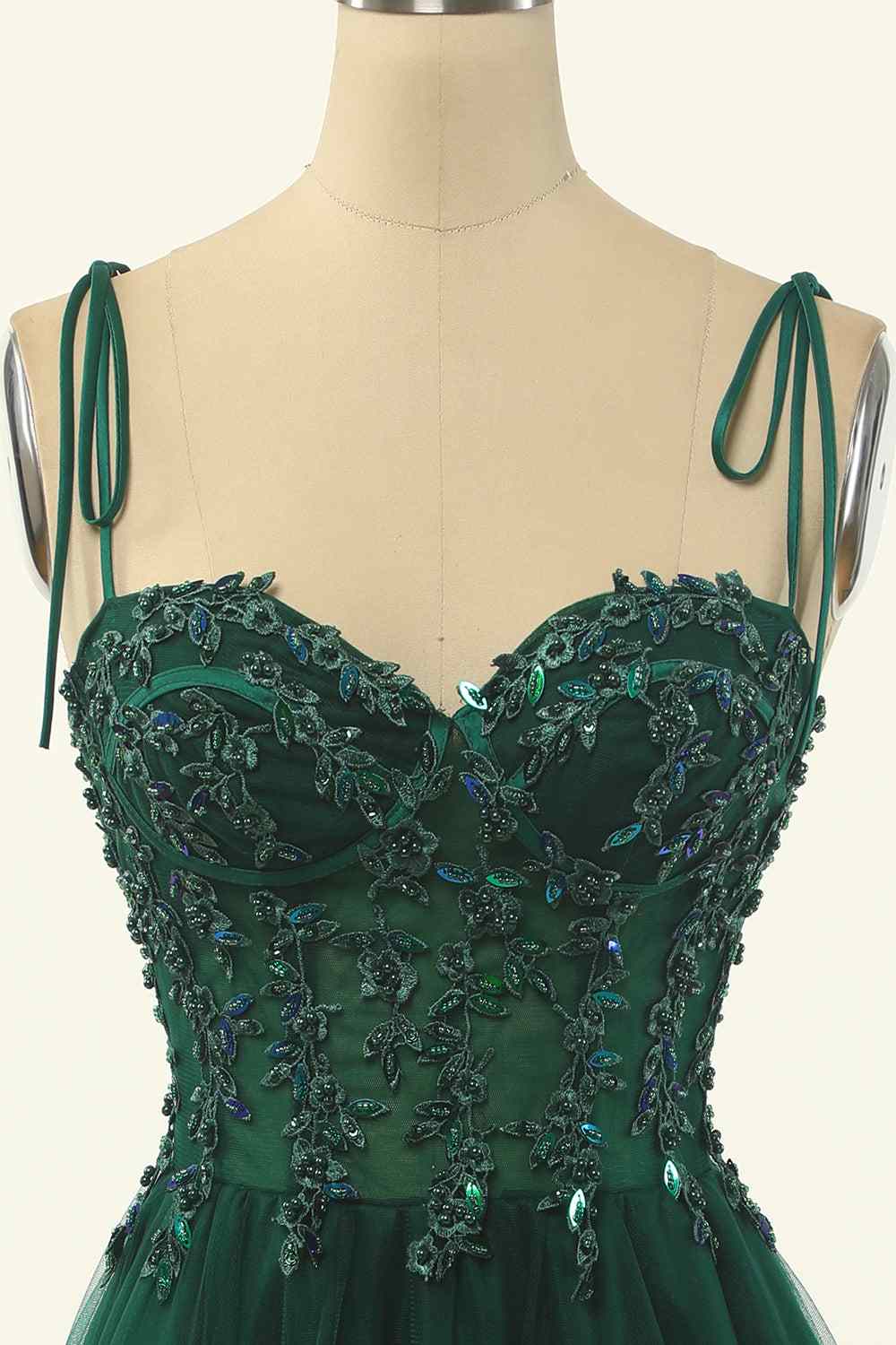 Dark Green A-line Bow Tie Straps Lace-Up Applique Mini Homecoming Dress