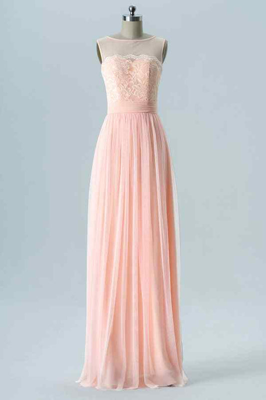 Blushing Pink A-line Illusion Neck Lace Chiffon Long Bridesmaid Dress
