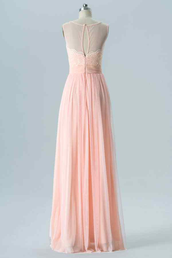 Blushing Pink A-line Illusion Neck Lace Chiffon Long Bridesmaid Dress