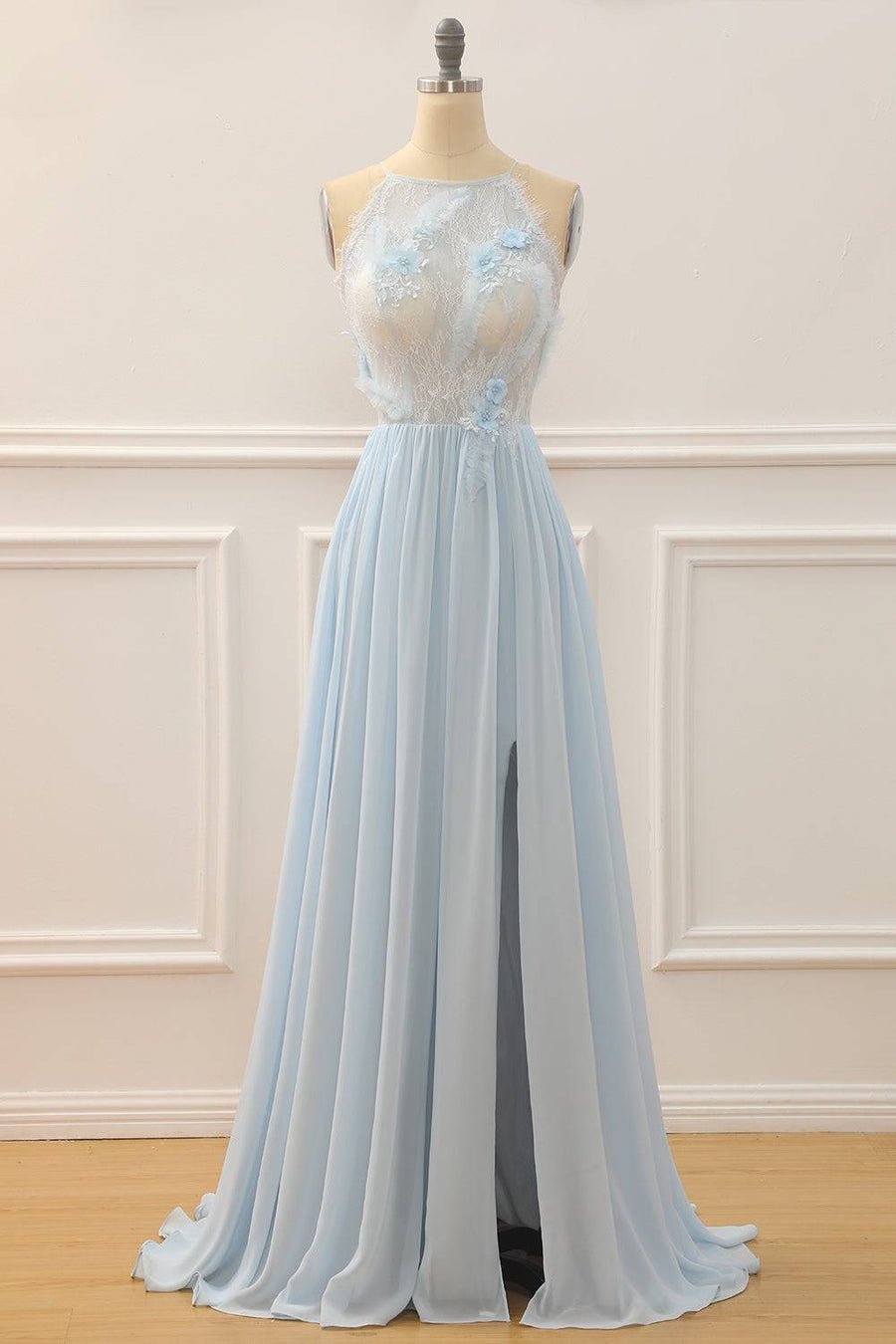 Light Blue High Neck Sleeveless A-Line Sheer Empire Prom Dress