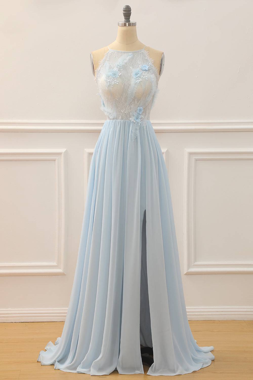Light Blue High Neck Sleeveless A-Line Sheer Empire Prom Dress Light Blue / US 4 Light Blue High Neck Sleeveless A-Line Sheer Empire Prom Dress Light Blue / US 4