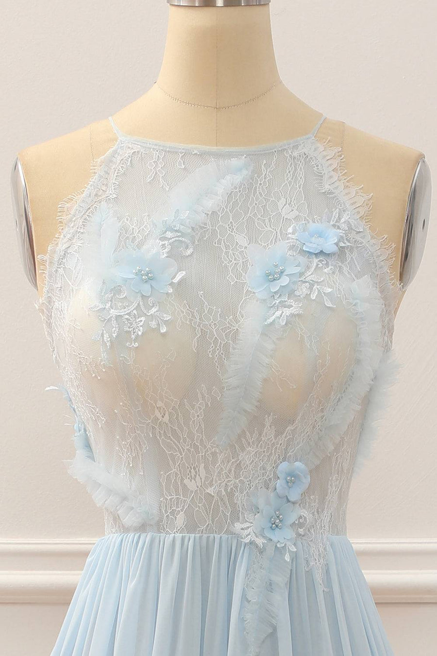 Light Blue High Neck Sleeveless A-Line Sheer Empire Prom Dress